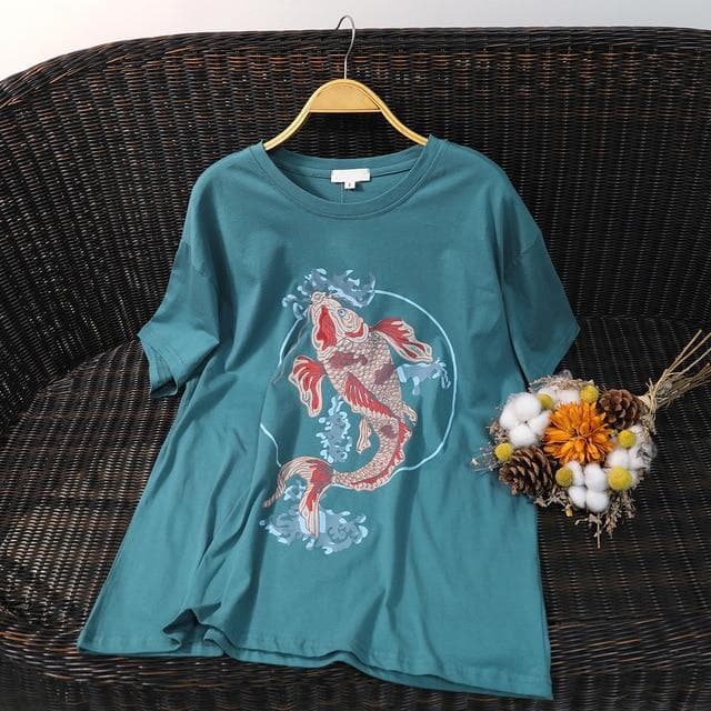 Fashion Overdyed T-Shirt - Bohemian Style Koi Fish Graphic Tee