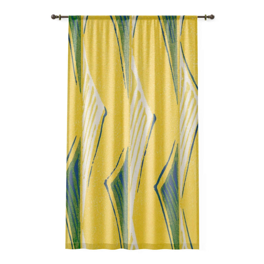 Vintage Japanese Woodblock Yellow & Green Print Sheer Window Curtain
