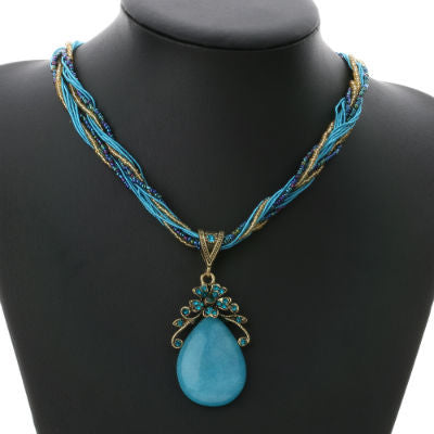 Bohemian Style Multilayer Beads Chain Crystal Gem Pendant Necklace for Women