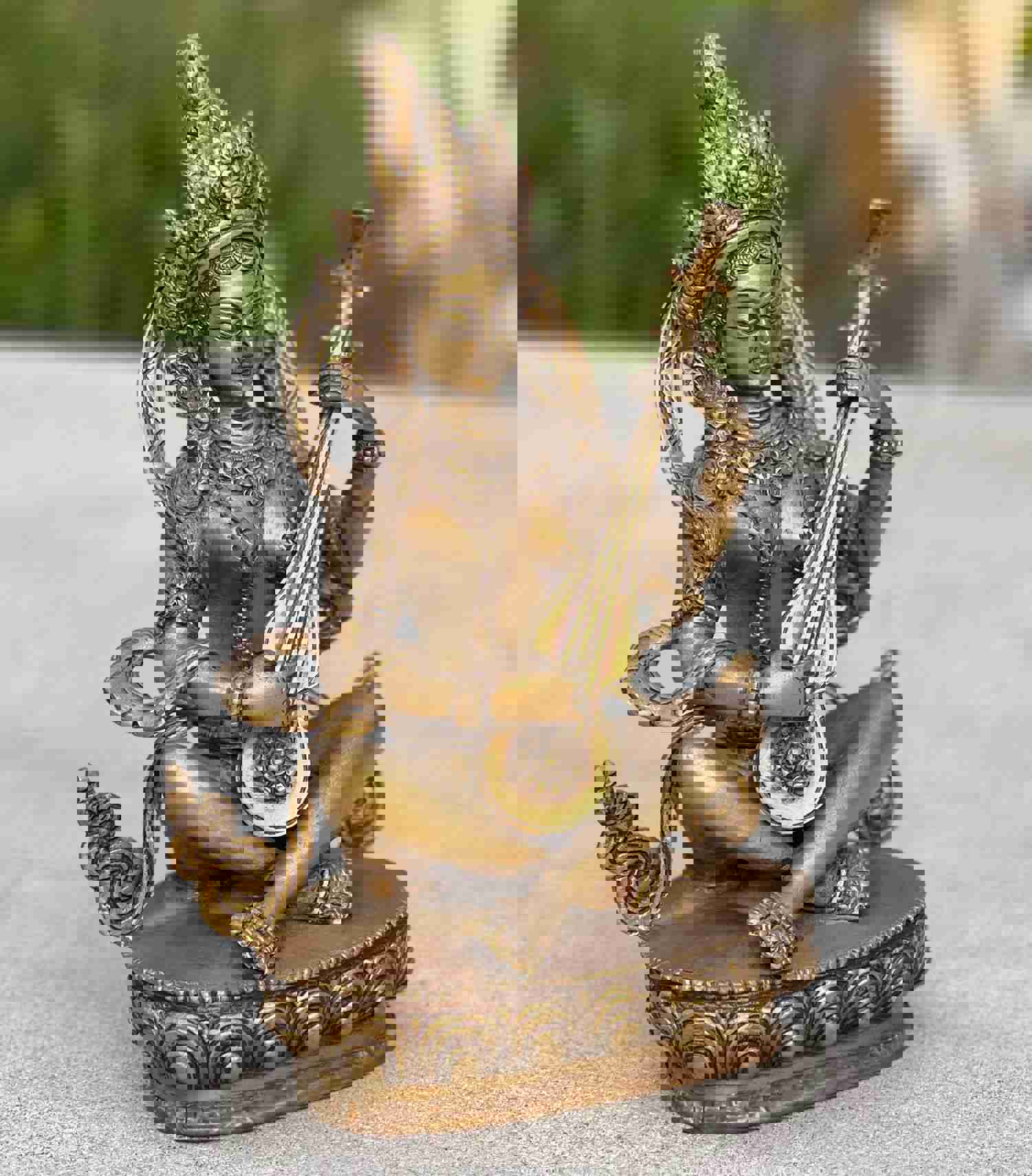 Goddess Of Music and Wisdom Yangchenma Saraswati Statue - Solid Brass Antique Finish, 8 Inches Tall