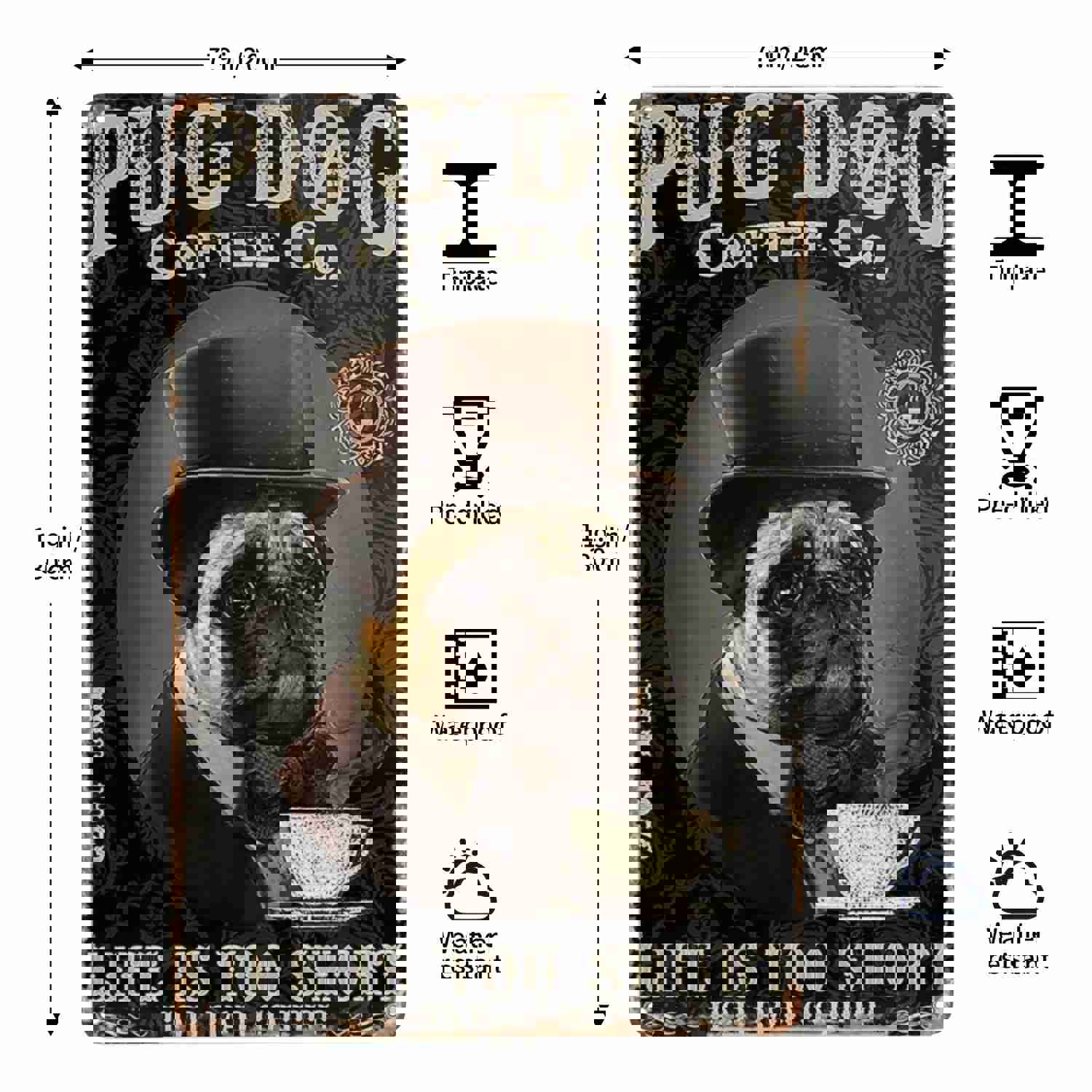 Pug Dog Coffee Company Poster - Wooden Framed Wall Art for Dog Lovers (8x12inch, Ready to Hang)