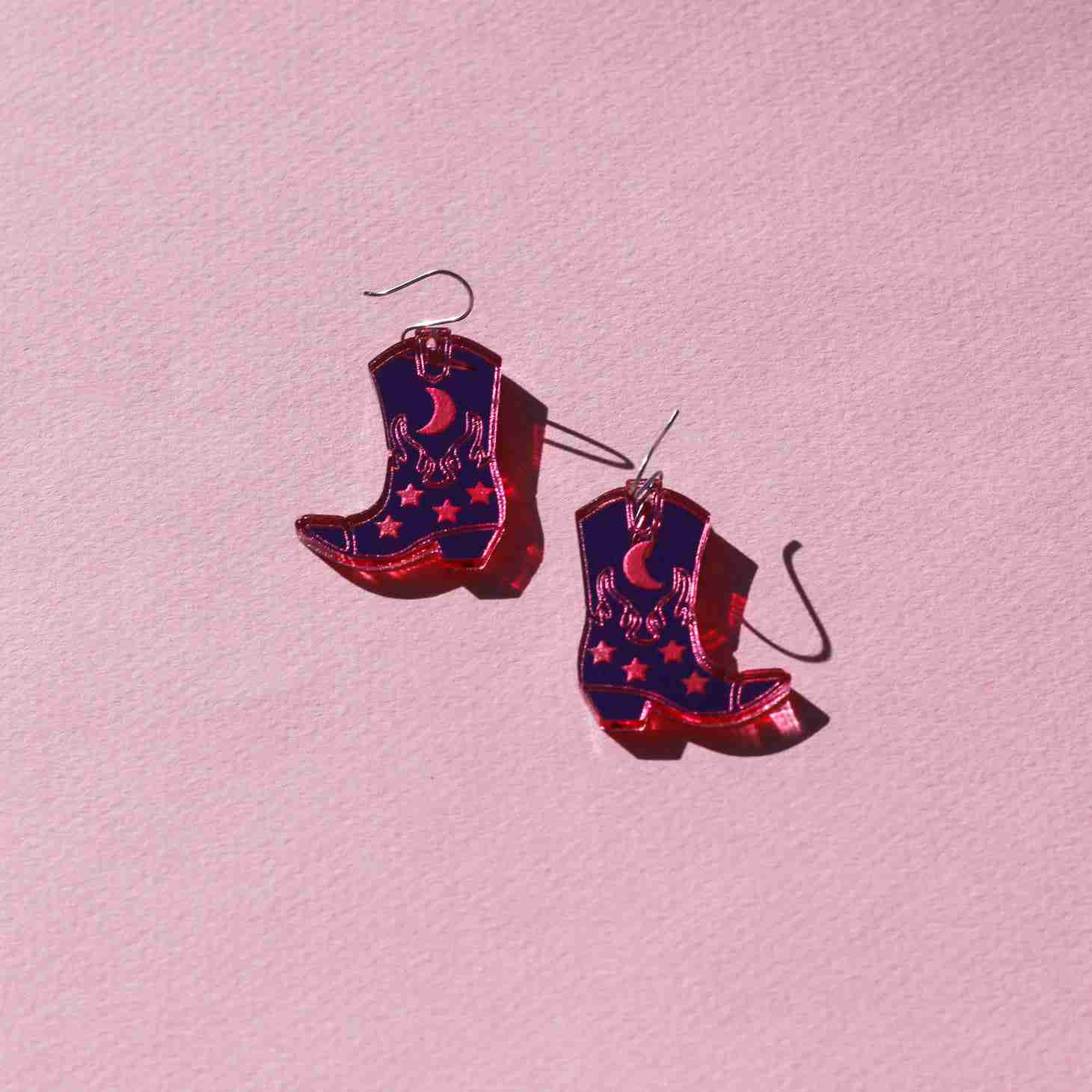 Cowgirl Boot Dangles - Pink Acrylic Earrings with Titanium Posts