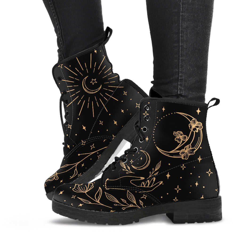 Witchy Moon Flowers Vegan Ankle Boots - Lace Up Combat Boots