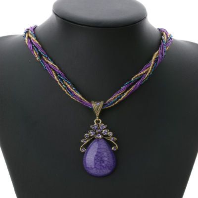 Bohemian Style Multilayer Beads Chain Crystal Gem Pendant Necklace for Women