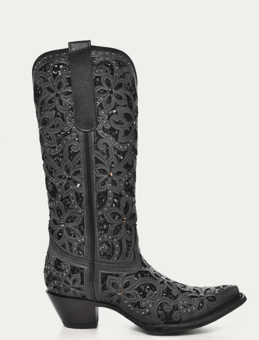 Corral Ladies Black Inlay Studs Embroidery Cowgirl Boots Style A3752