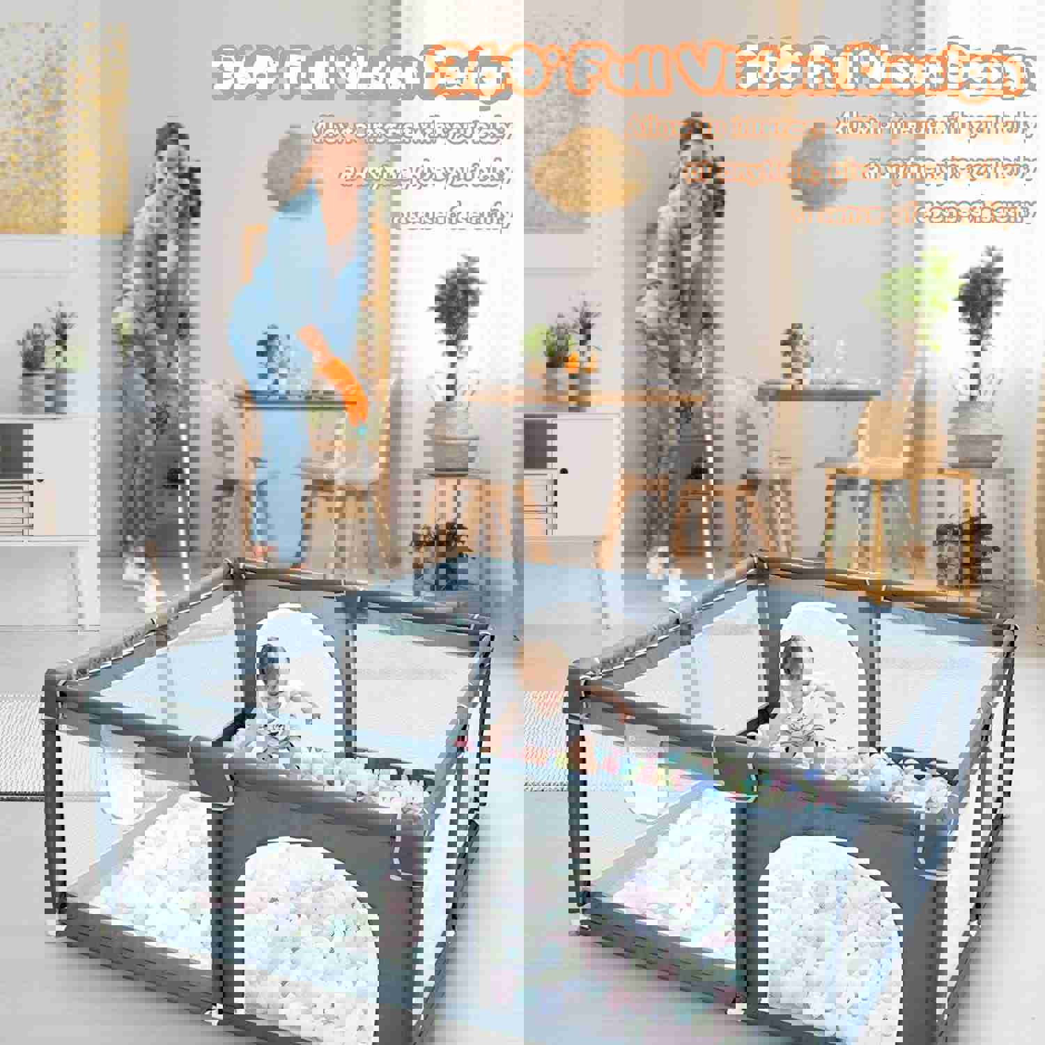 Play Pen for Babies and Toddlers, Safe Indoor & Outdoor Activity Center with Breathable Mesh (Grey)