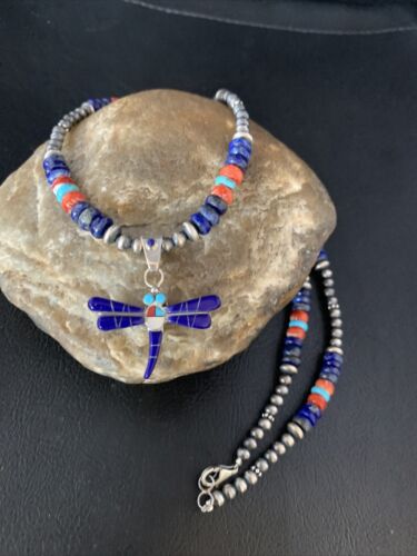 Handcrafted Blue Turquoise Spiny Lapis Oyster Dragonfly Pendant Sterling Silver Necklace