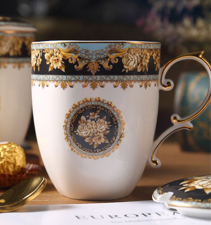 Elegant British Ceramic Coffee Mug with Spoon, Large Capacity Royal Bone China Porcelain Mug