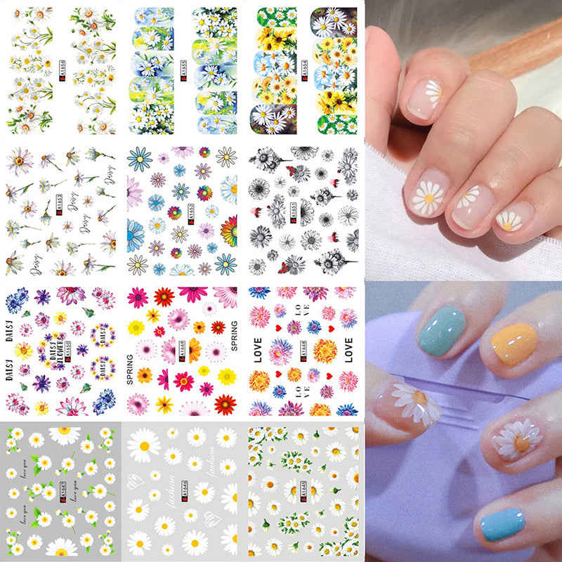 Nail Stickers Fresh Watercolor Flowers Wrinkled Chrysanthemum Plum Watermark Stickers