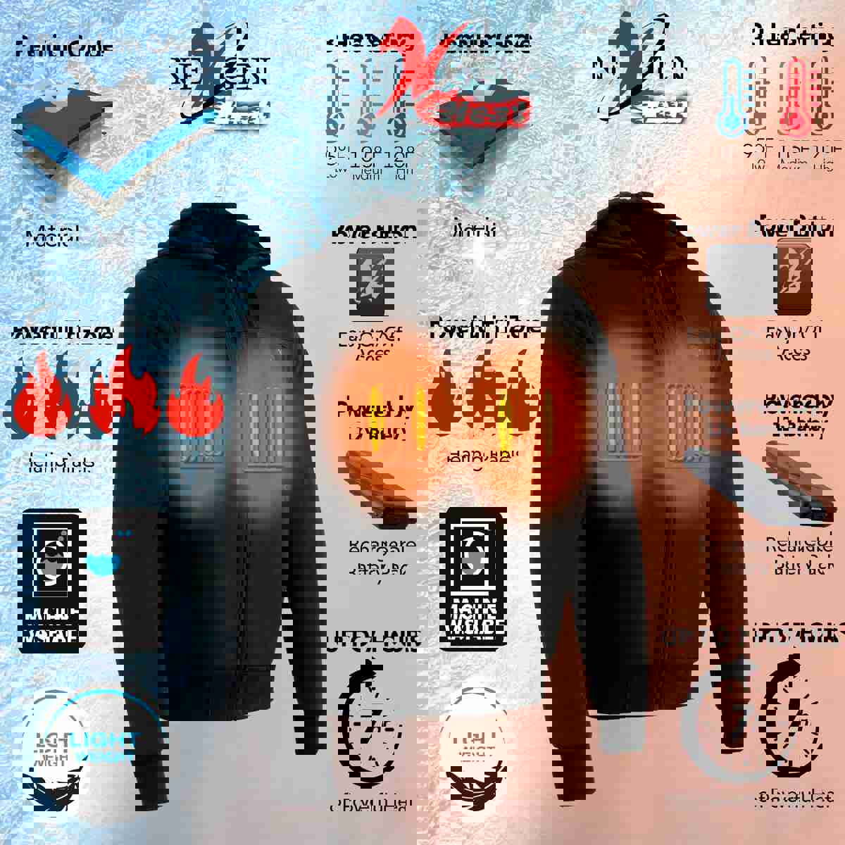 Nexgen Heat MPM1713SET12v Men's Black Heated Front Zipper Hoodie Jacket with Rechargeable Battery Pack