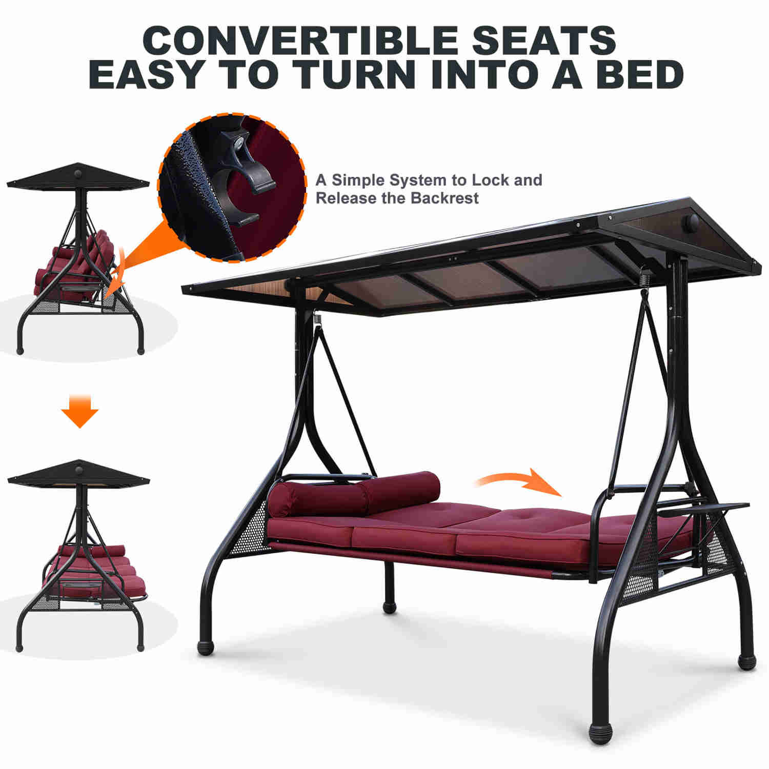 Outdoor Porch Swing with Adjustable Canopy, 3 Cushions, 2 Cup Holders & 4 Pillows - Wine Red
