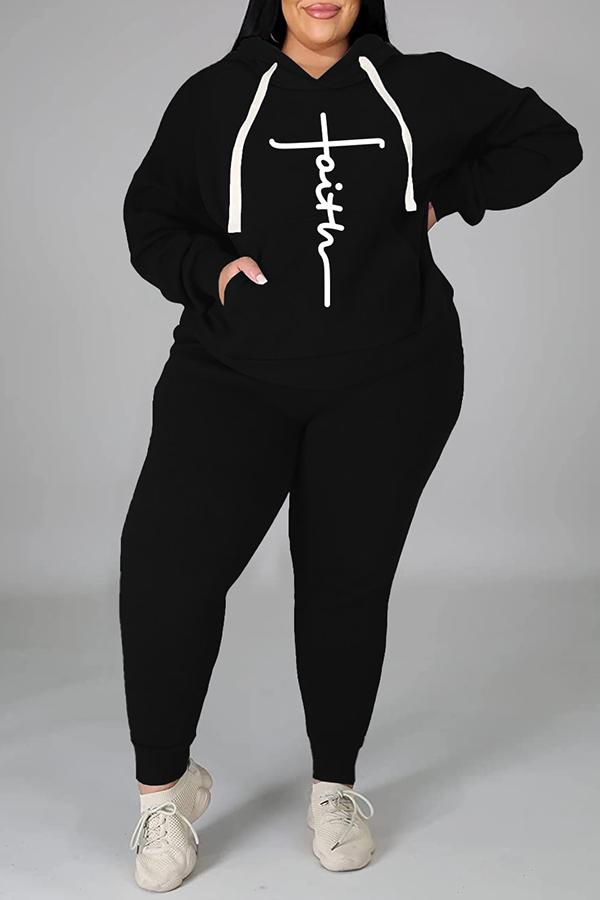 Faith Printed Fashion Casual Sports Hoodie Set Plus Size