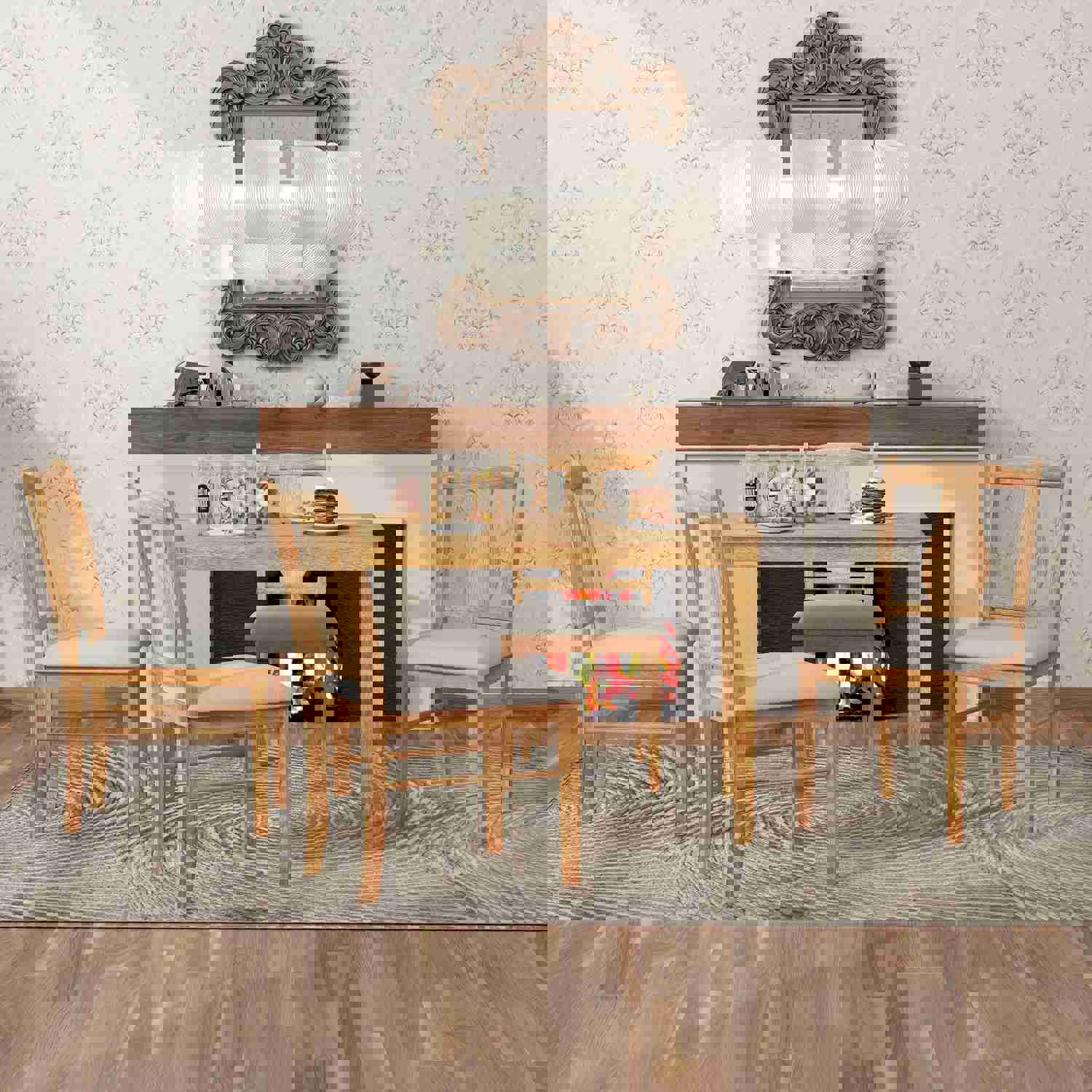 TREXM 5-Piece Kitchen Dining Table Set with Wooden Table and 4 Upholstered Chairs (Drift Wood)
