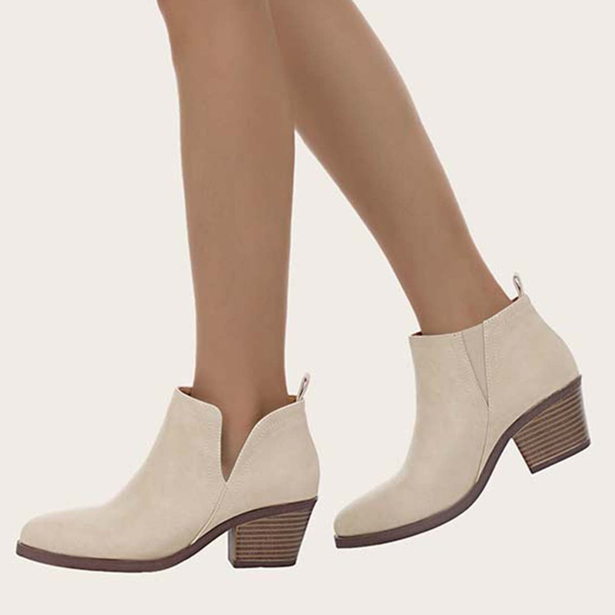 Cutout Ankle Boots Slip on Chunky Heel Western Booties