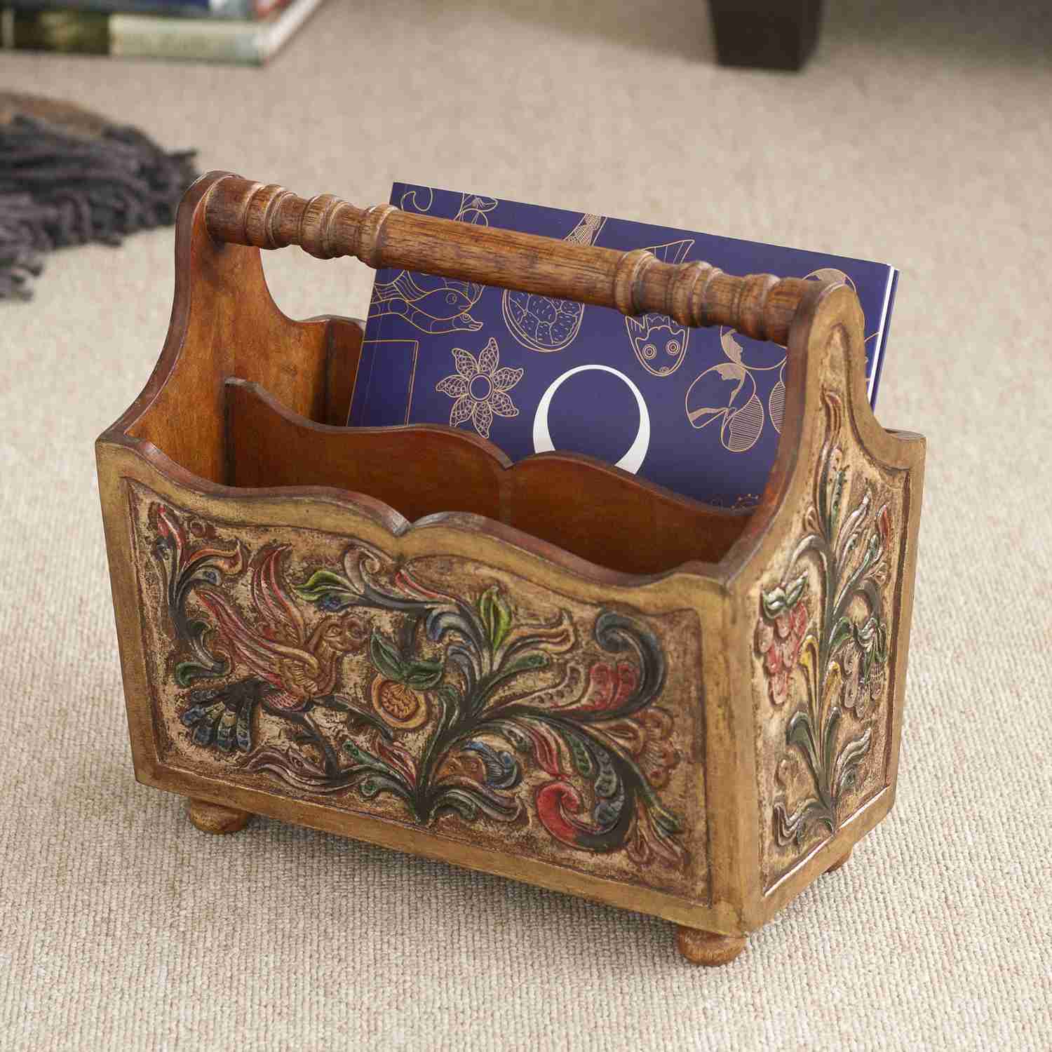 Hand Tooled Leather and Mohena Wood Magazine Rack - Songbirds
