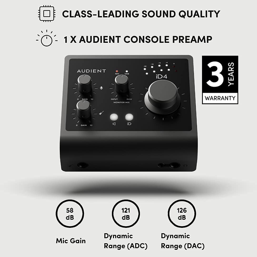 Audient iD4 MKII USB-C Audio Interface with Over-Ear Stereo Headphones and XLR Mic Cable