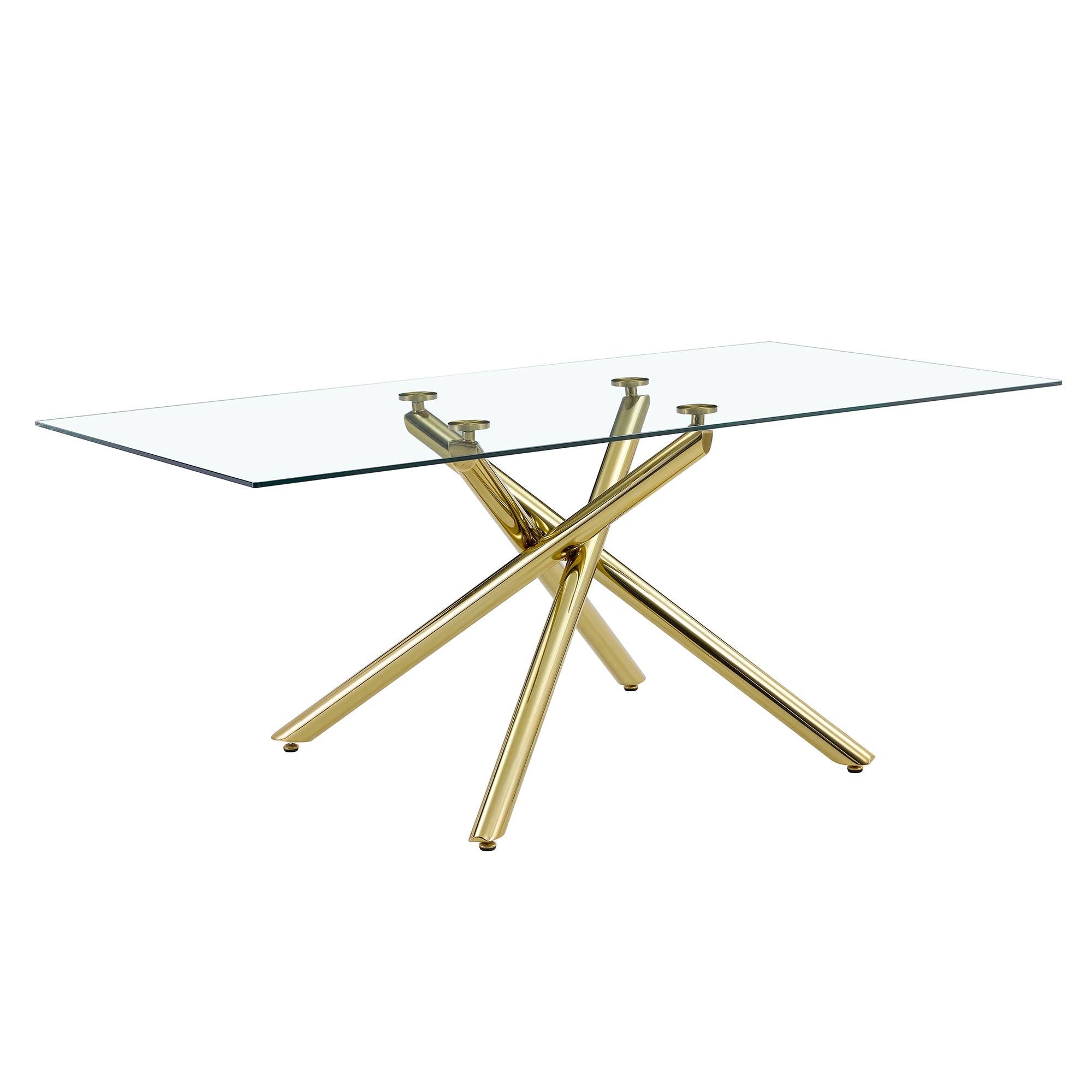 Large Modern Minimalist Rectangular Glass Dining Table for 6-8 with Tempered Glass Tabletop and Silver Chrome Metal Legs