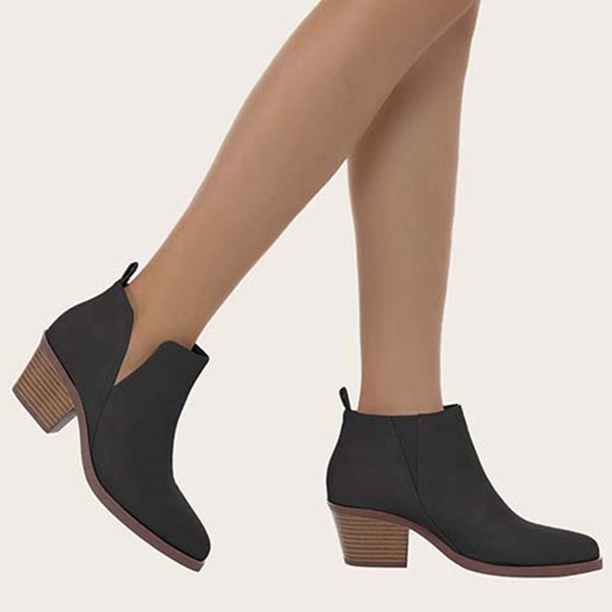Cutout Ankle Boots Slip on Chunky Heel Western Booties
