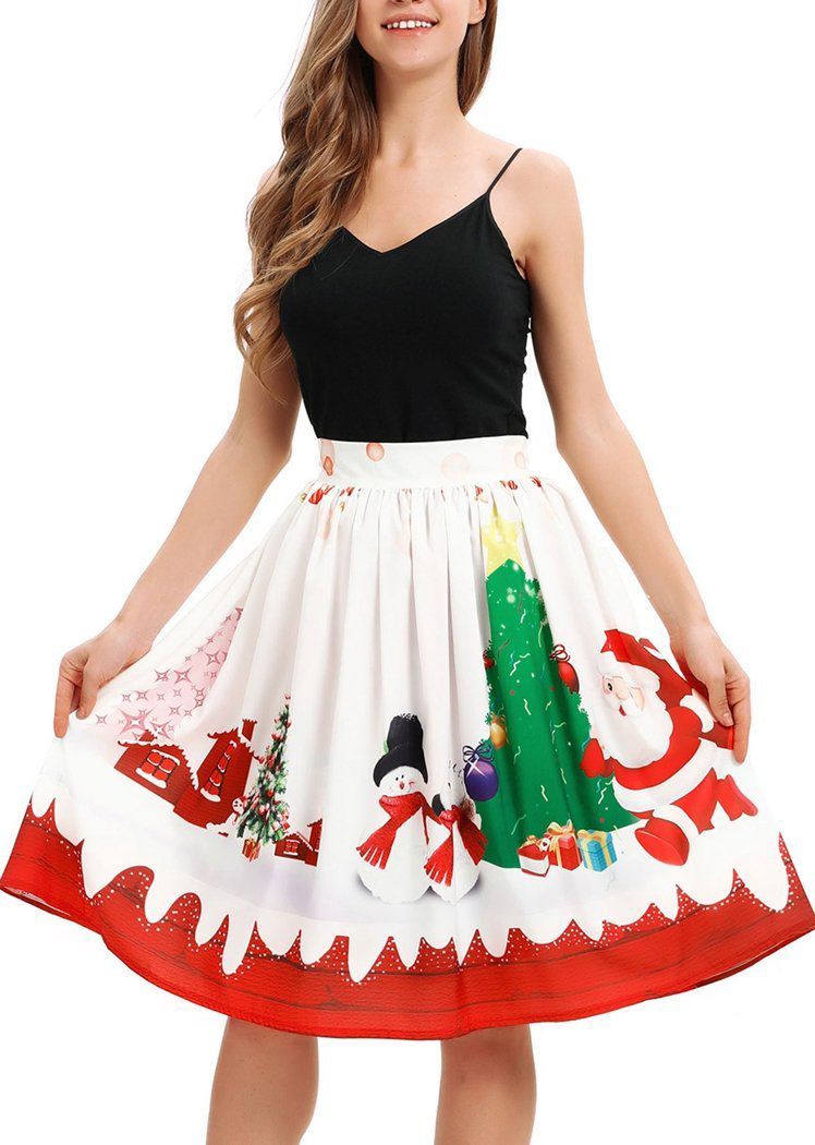 Fashion Christmas Tree Santa Claus Print Christmas Skirts For Women
