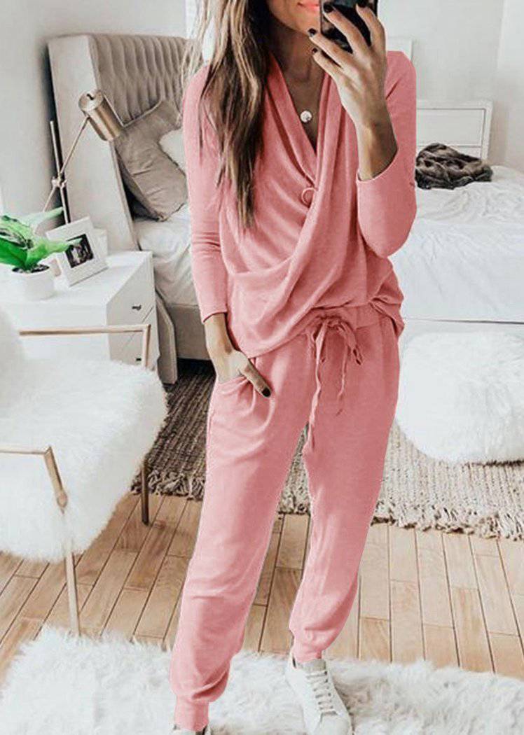 Chicvane Fashion Women Wrap Long Sleeve V-Neck Elastic Drawstring Waisted Long Pant Set Suits