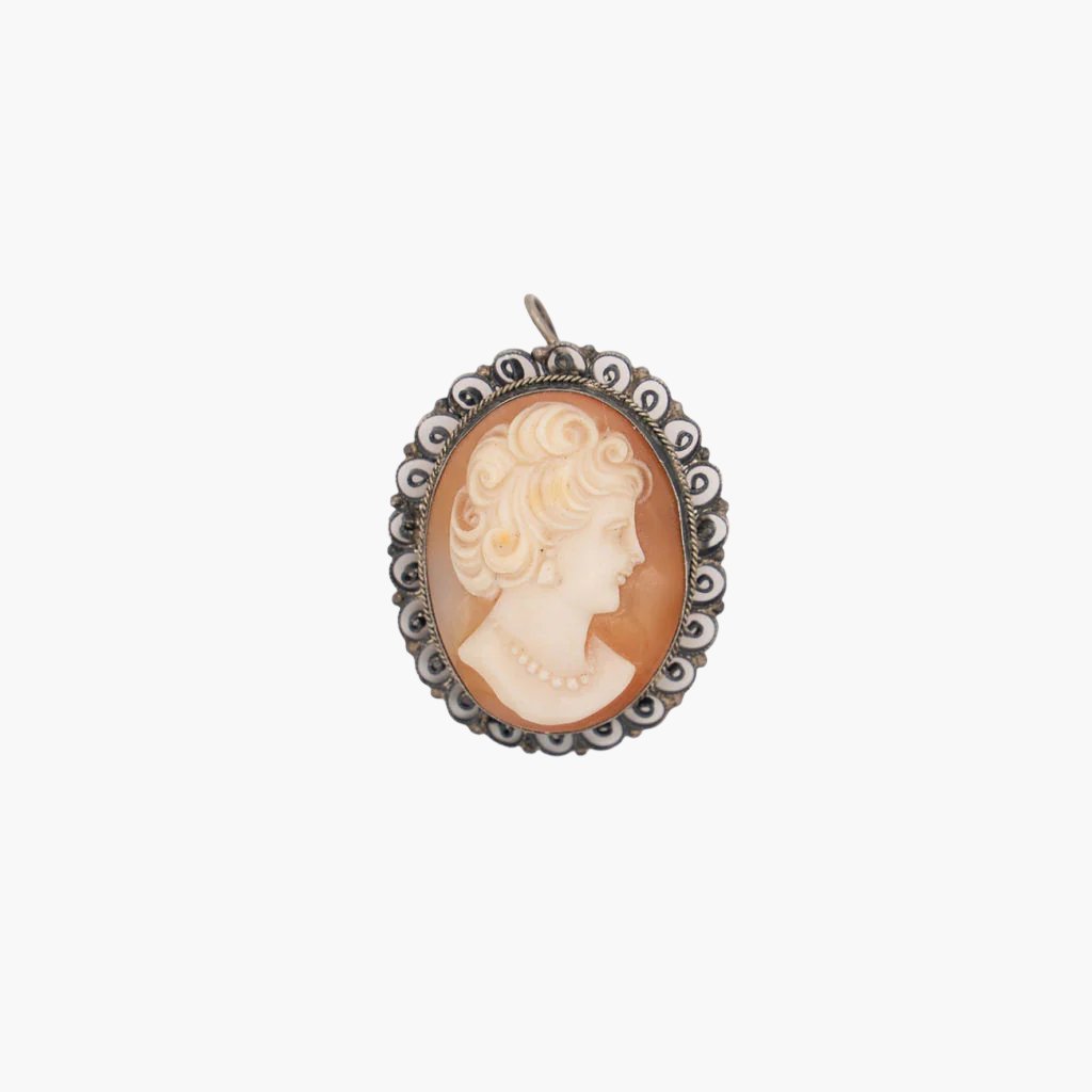 Vintage Camexco & Co Cameo Pendant or Brooch - 800 Silver & Natural Shell
