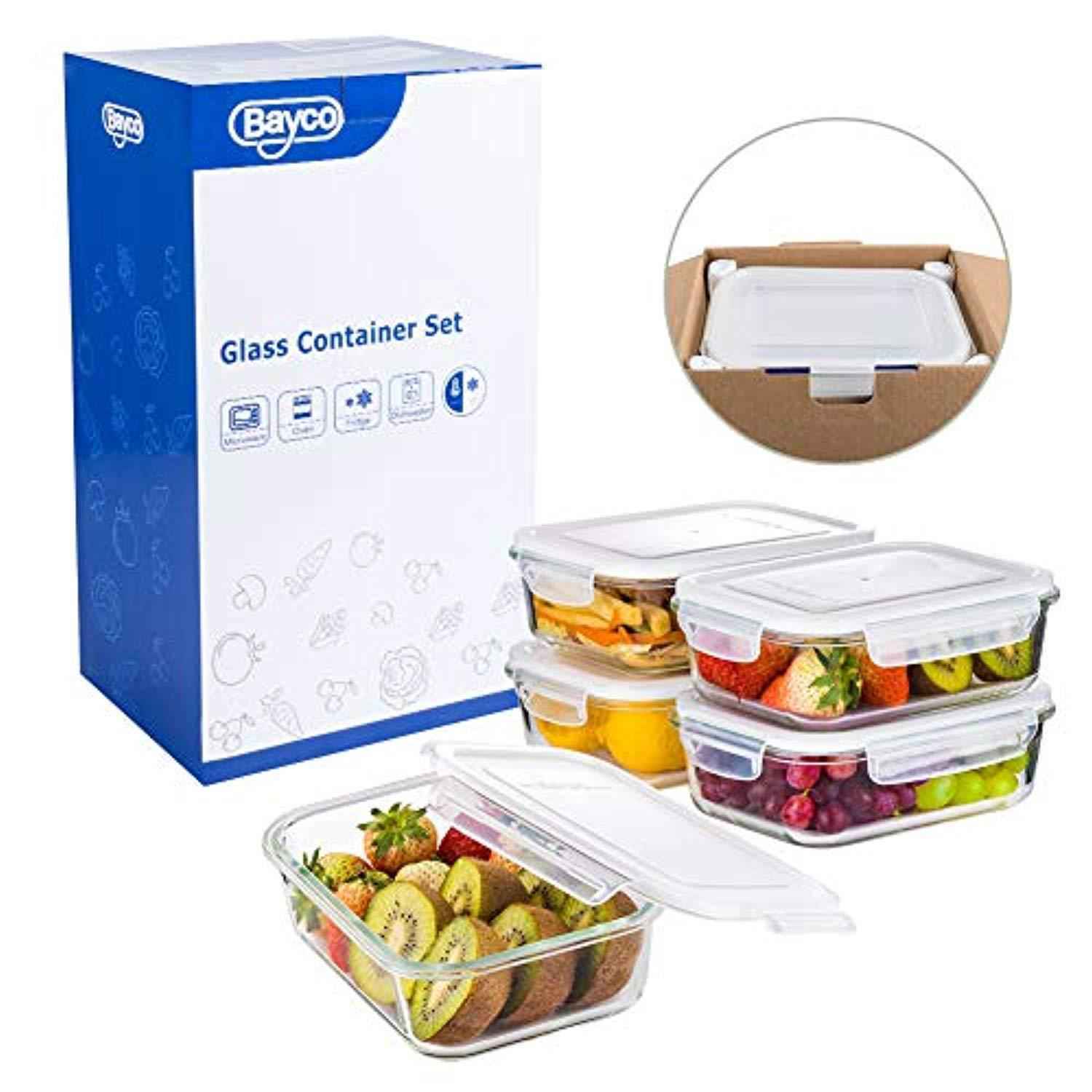 Bayco Large Glass Meal Prep Containers, 5 Pack with Lids - Airtight, BPA Free & Leak Proof