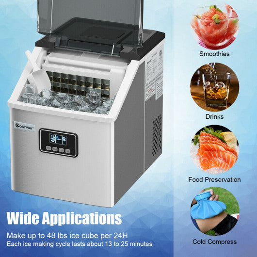 48 lbs Stainless Steel Self-Clean Ice Maker with LCD Display