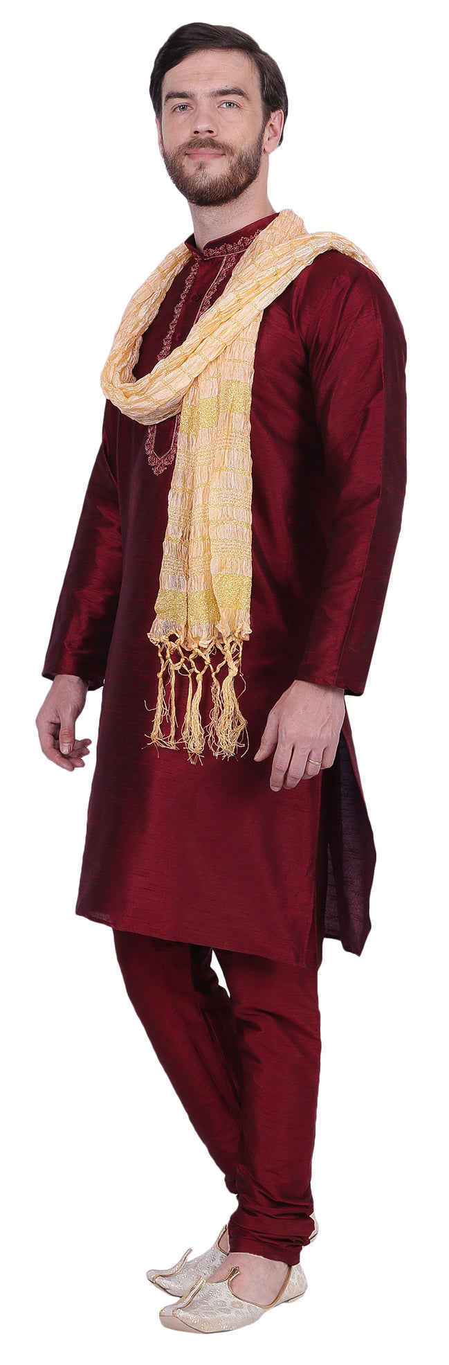 Men's Dupion Silk Kurta Pajama with Scarf - Traditional Indian Attire (Maroon)