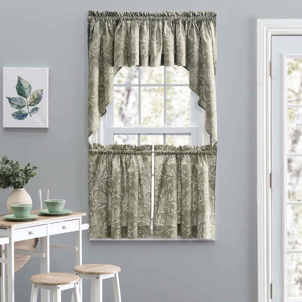 Ellis Curtain Lexington Leaf Pattern on Colored Ground Tailored Swags 56x36 Sage