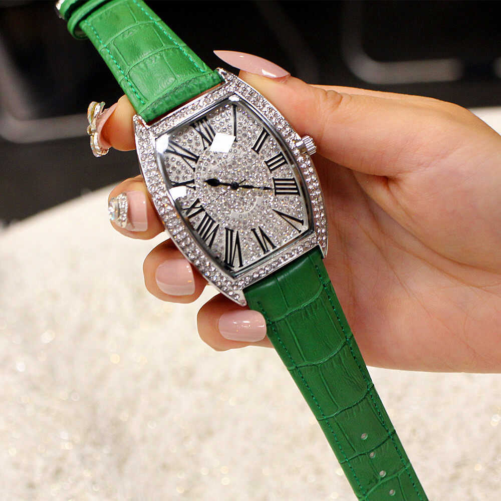 Fashion Trend Net Red New Style Wine Barrel Type Genuine Large Full Diamond Men's Watch Real Belt Diamond Women's Watch Waterproof Wrist Watches
