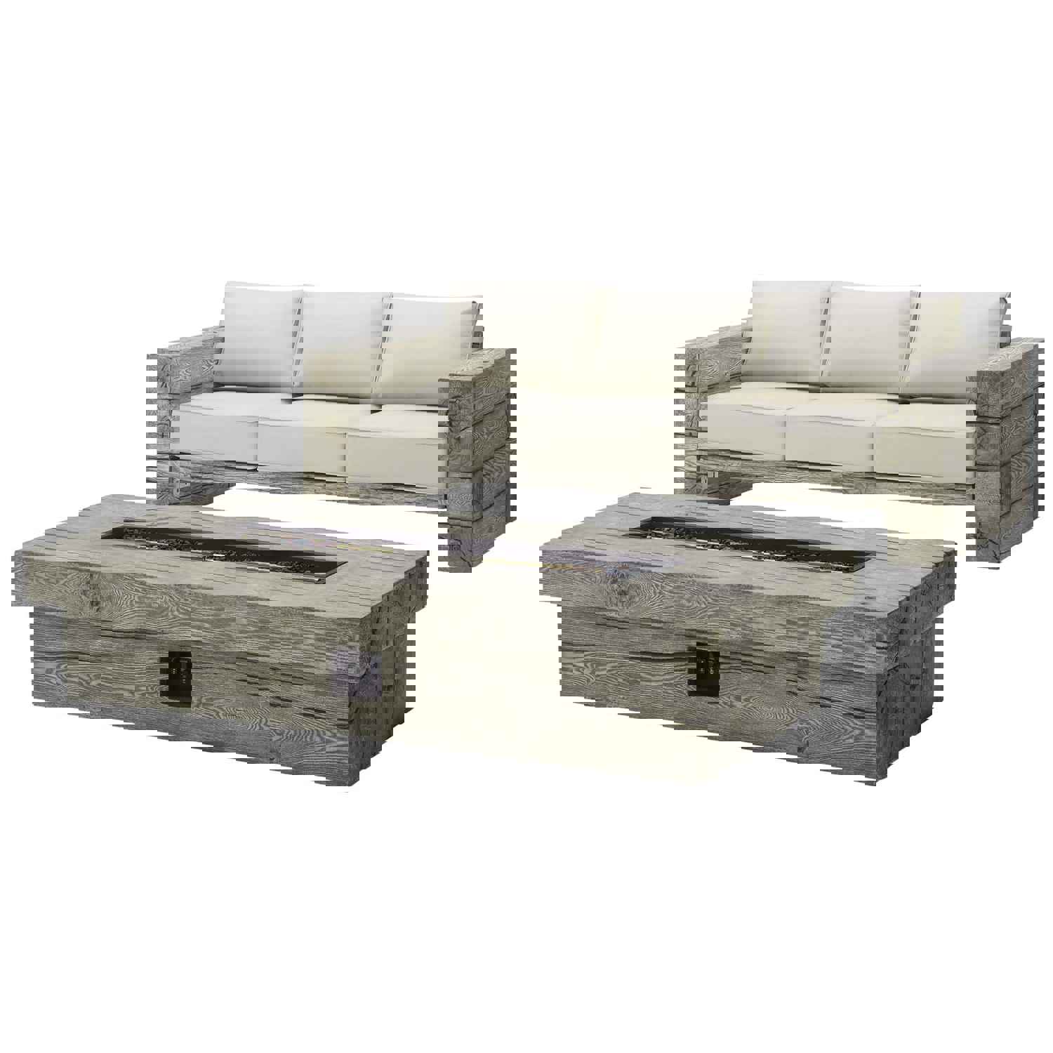 Manteo Rustic Coastal Outdoor Patio Sunbrella Sofa and Fire Pit Set in Light Gray Beige