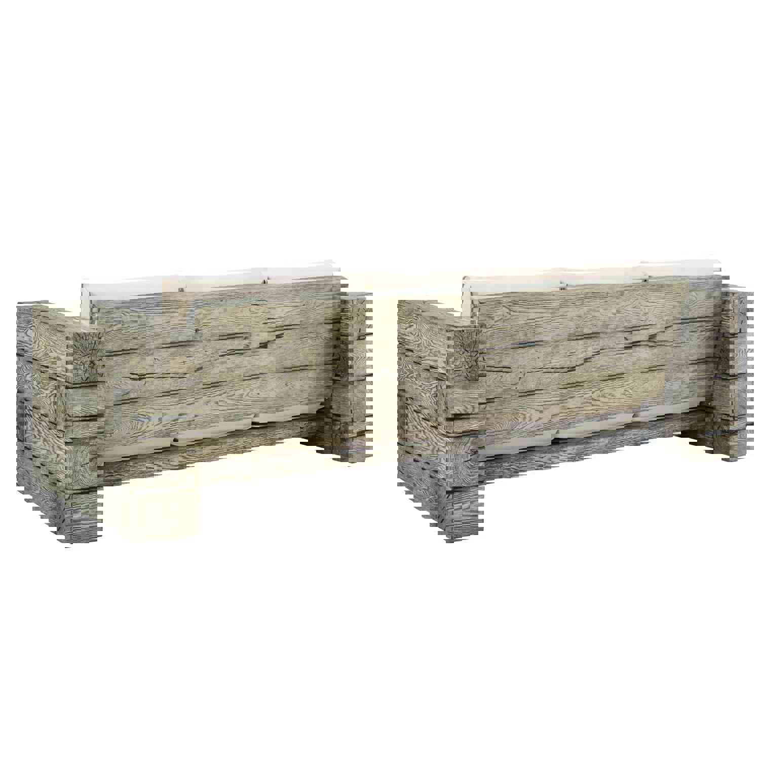 Manteo Rustic Coastal Outdoor Patio Sunbrella Sofa and Fire Pit Set in Light Gray Beige