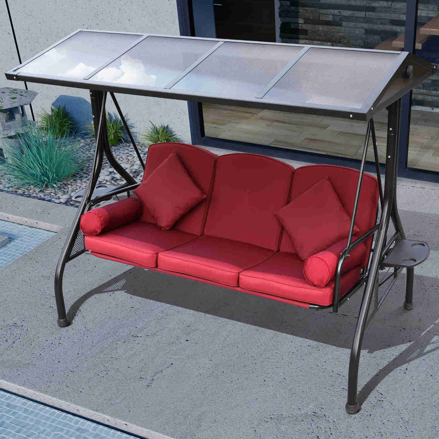 Outdoor Porch Swing with Adjustable Canopy, 3 Cushions, 2 Cup Holders & 4 Pillows - Wine Red