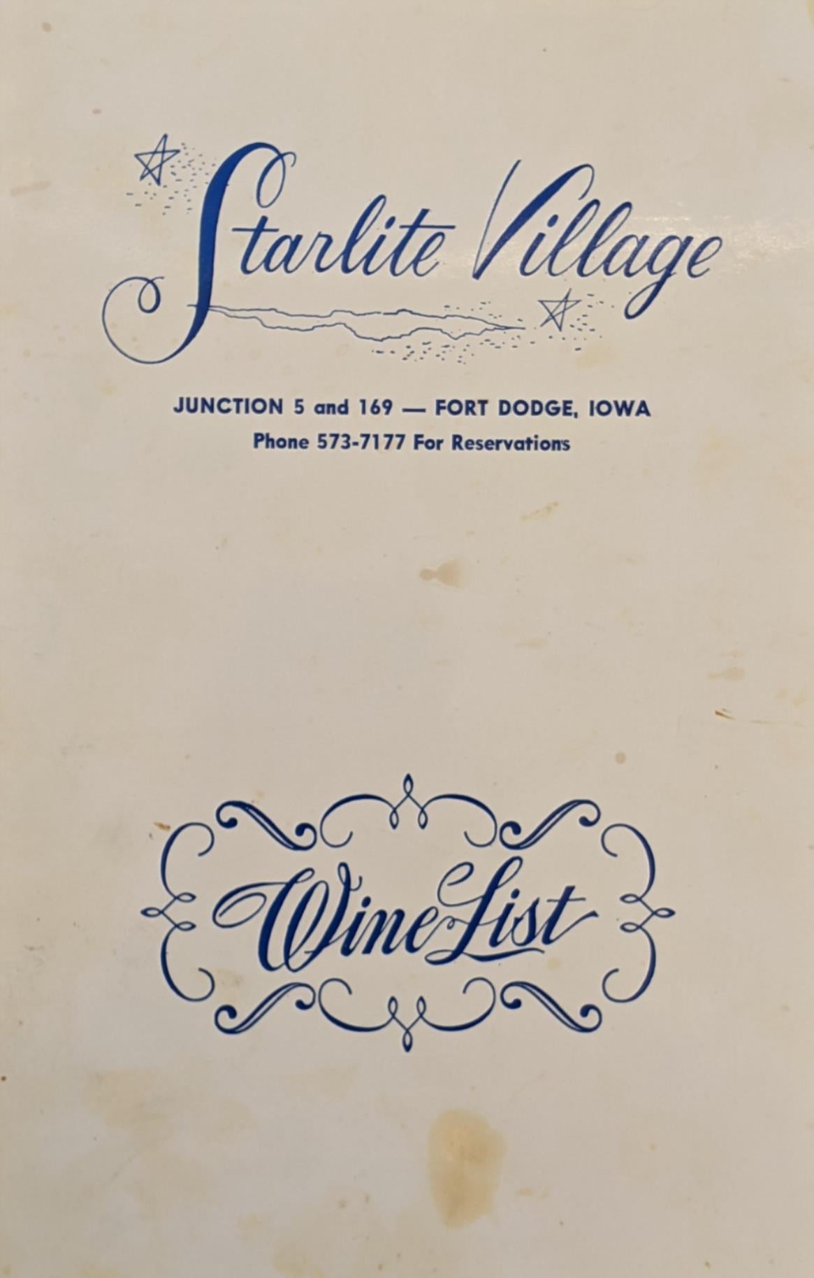 Vintage Wine List Menu from Starlite Village Restaurant, Fort Dodge, Iowa