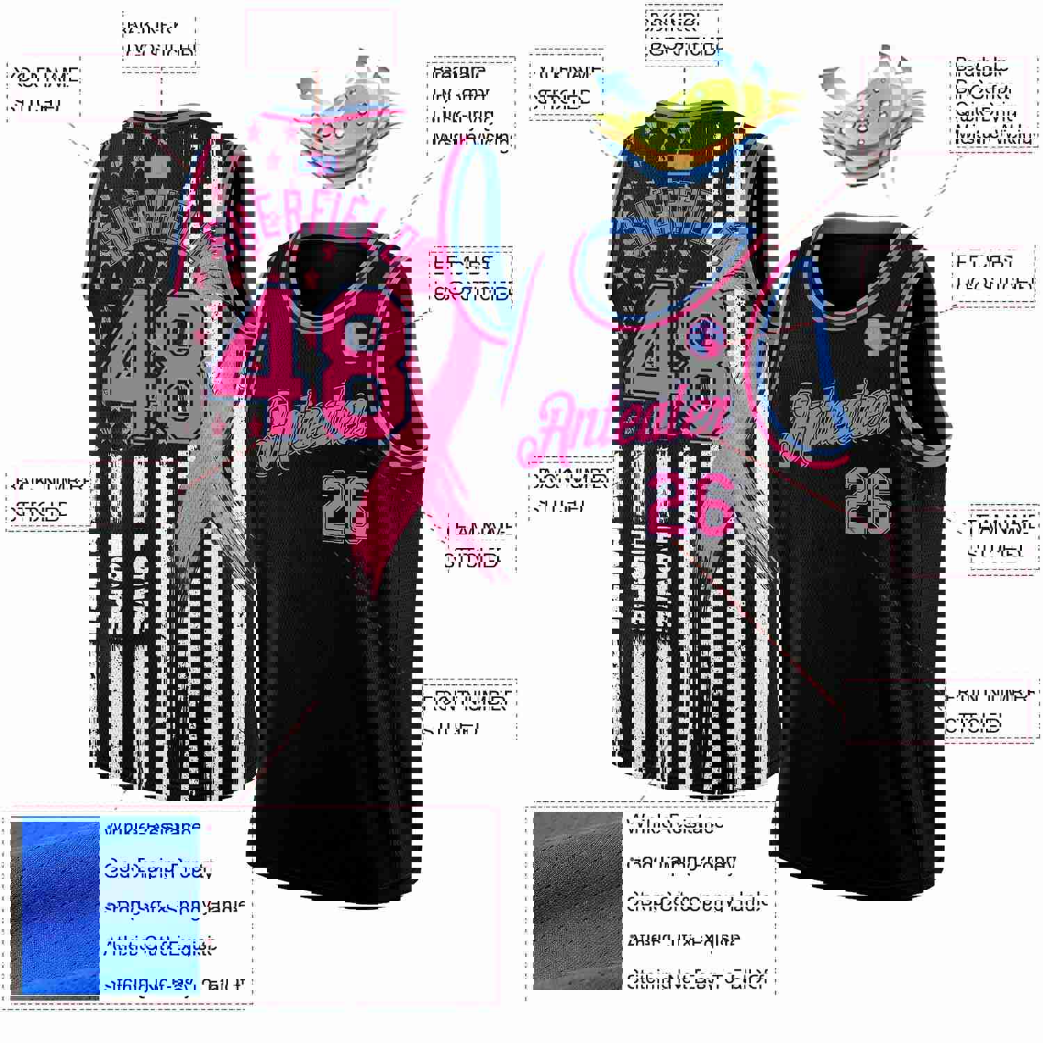 Custom Black Pink-Light Blue 3D American Flag Fashion Basketball Jersey with Pink Ribbon for Breast Cancer Awareness