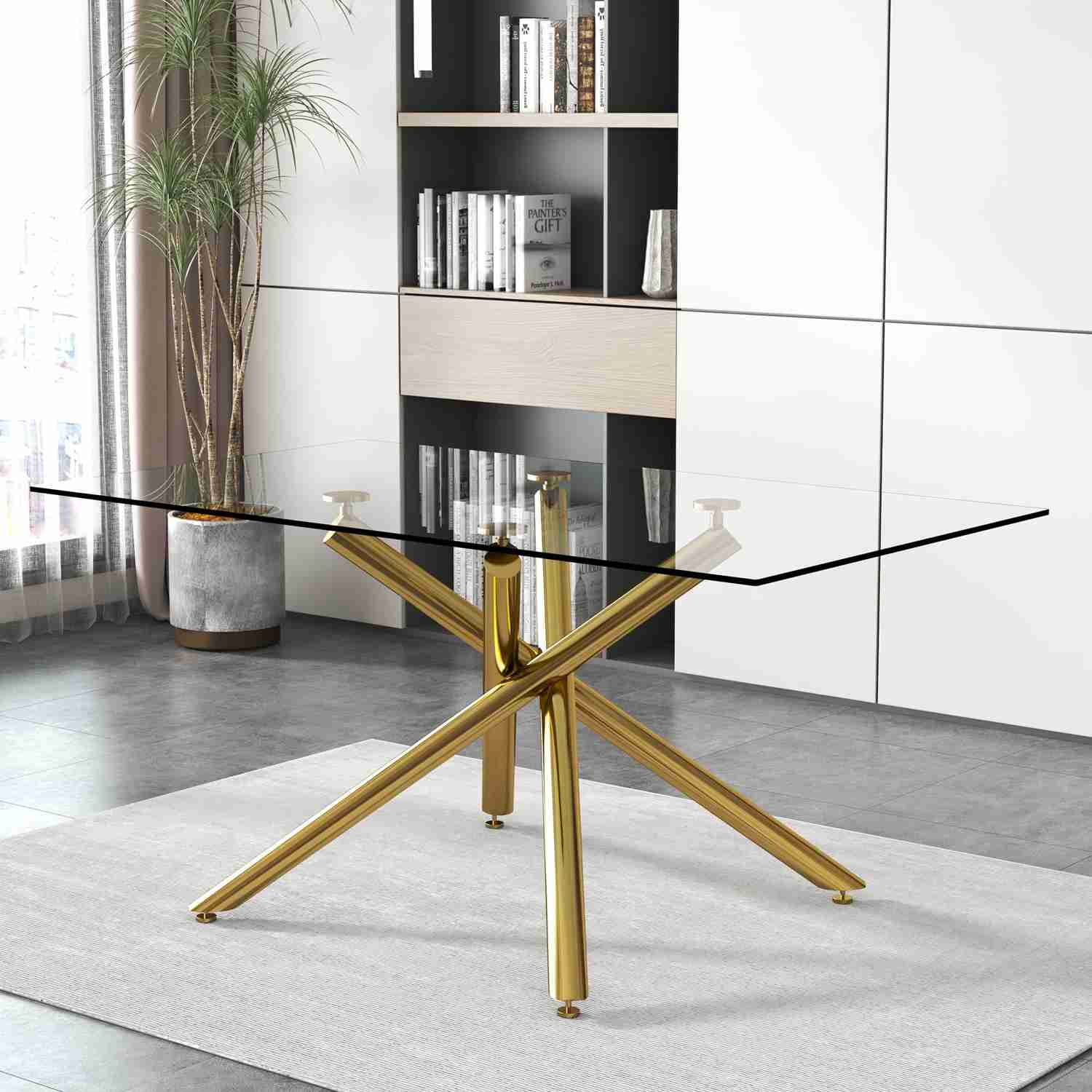 Large Modern Minimalist Rectangular Glass Dining Table for 6-8 with Tempered Glass Tabletop and Silver Chrome Metal Legs