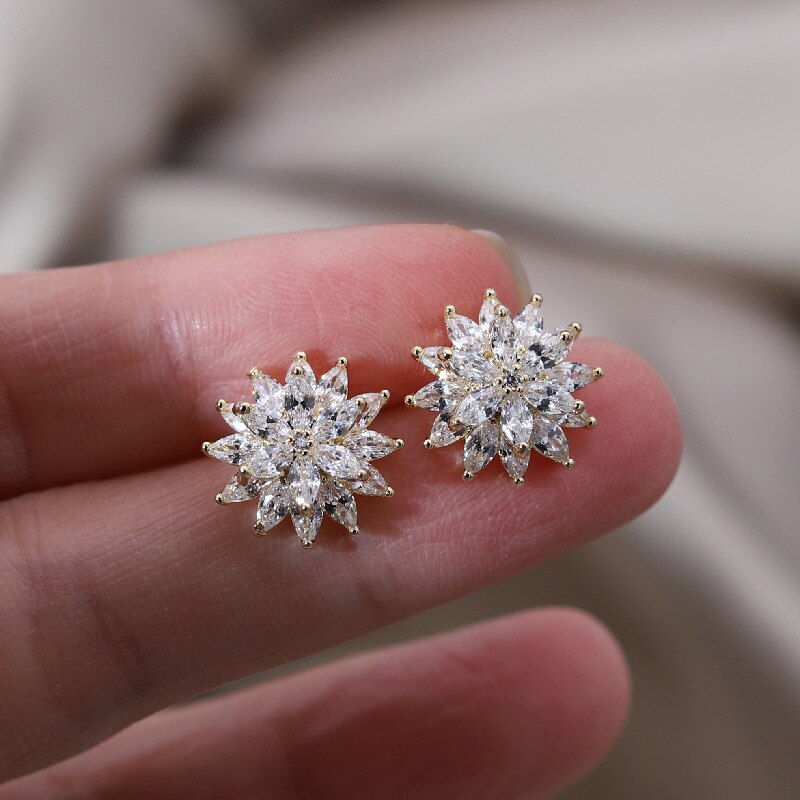 Korean 14K Gold Plated Double Layer Flower Zircon Earrings - Simple & Elegant Women's Daily Work Accessories