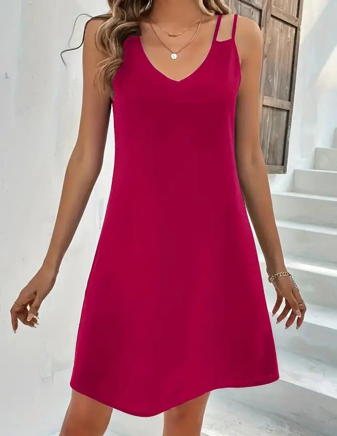 Fashion Solid Color Casual V-Neck Sleeveless Mini A-Line Dress for Women