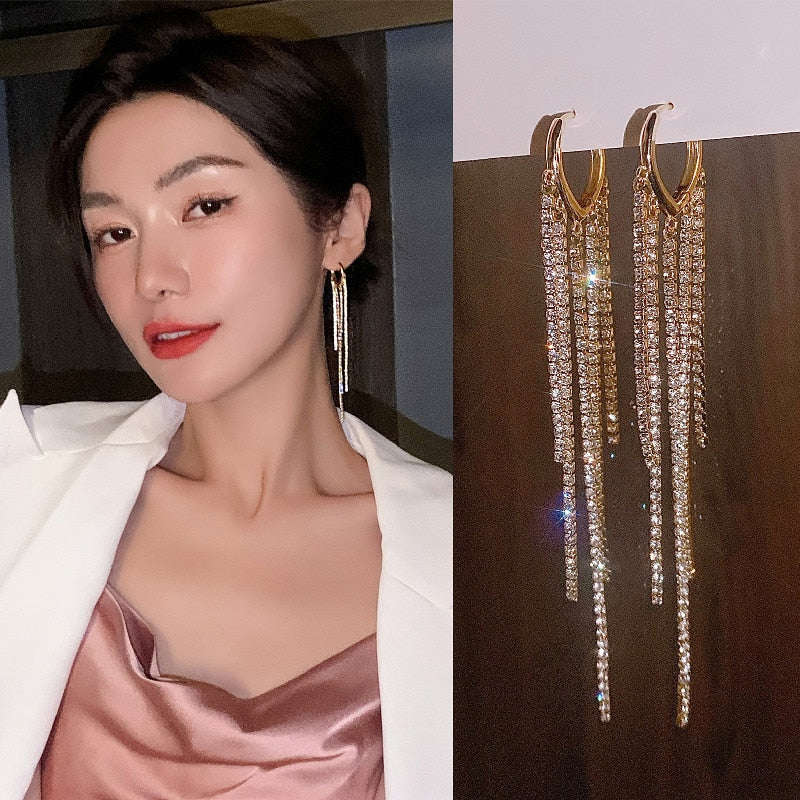 Korean Shiny Love Long Tassel Crystal Heart Earrings for Women