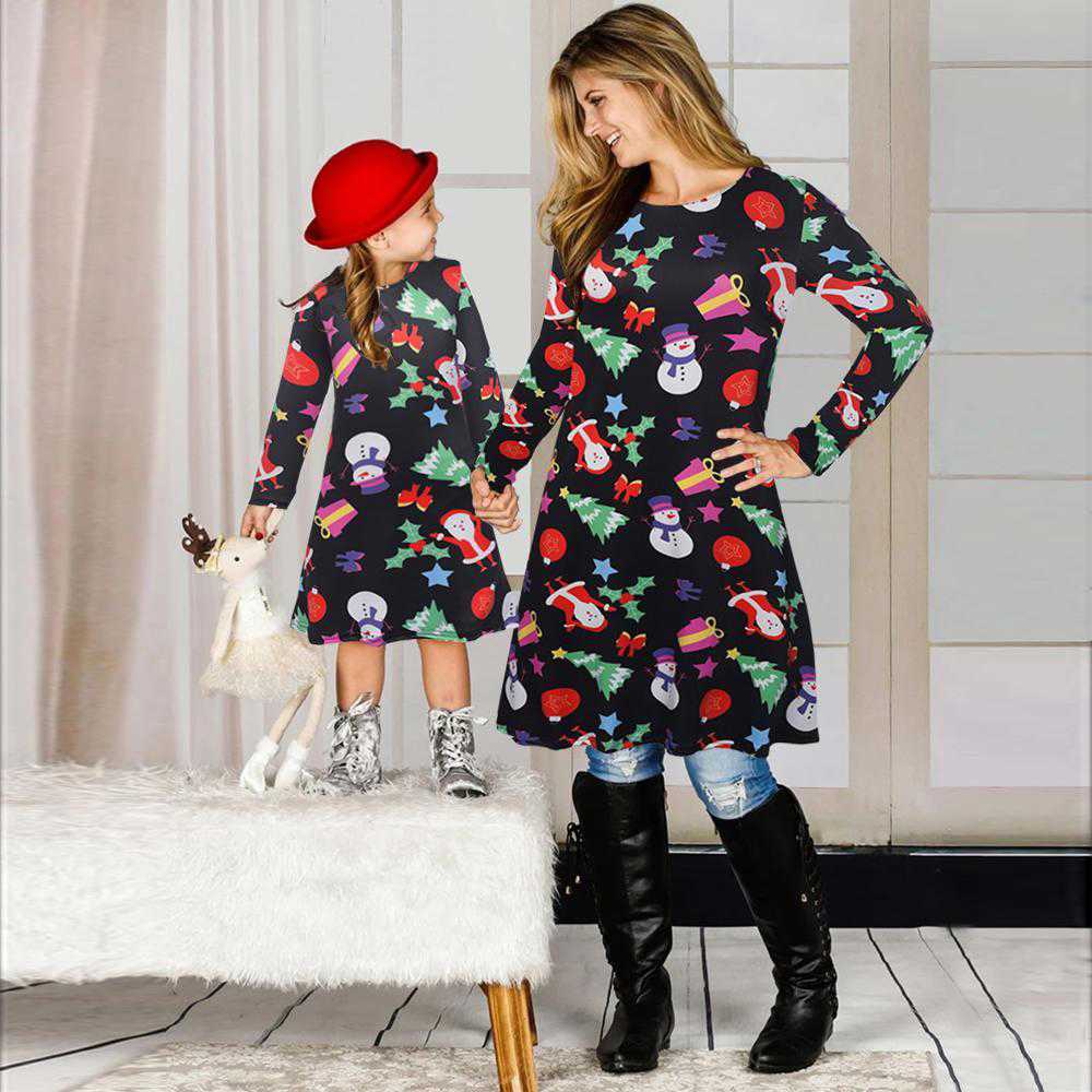 Fashion Long Sleeve Christmas Gift Print Dresses for Family