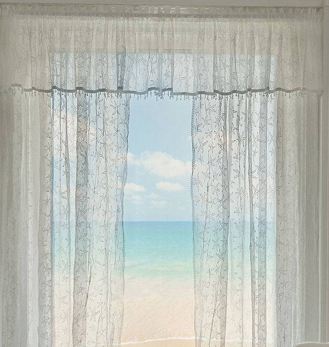 Sea Splash Starfish Sheer Curtains - Beach Cottage Window Decor