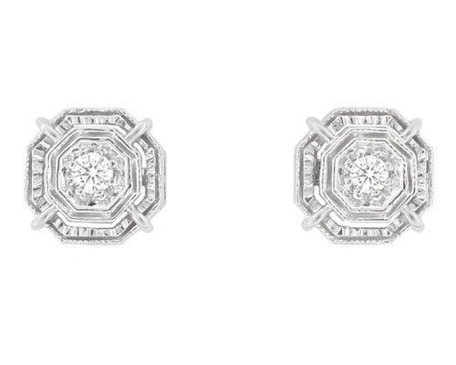 Art Deco Diamond Stud Earrings in 18K White Gold