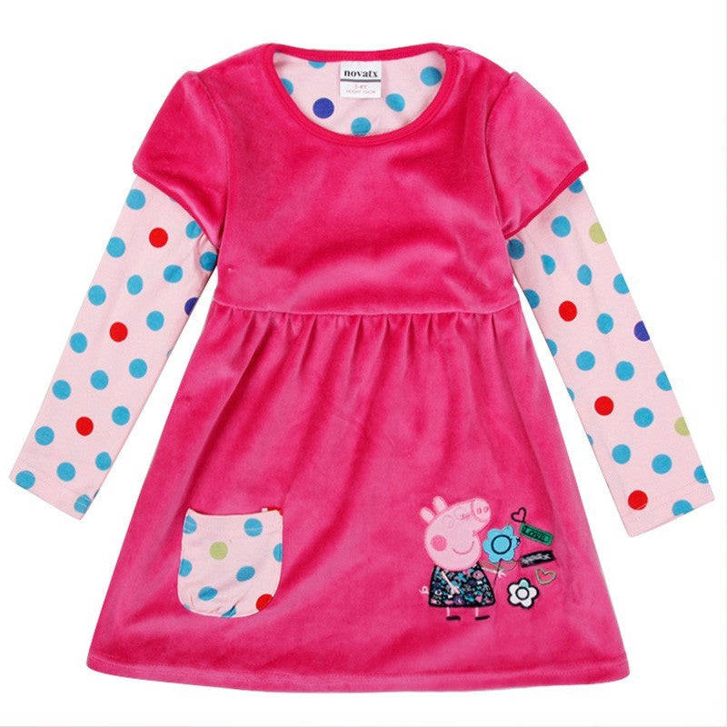 Girl Winter Floral Dress - Princess Cartoon Pig Embroidery Dress for Kids