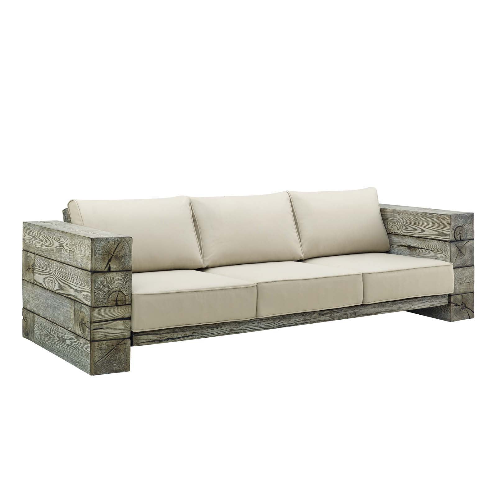 Manteo Rustic Coastal Outdoor Patio Sunbrella Sofa and Fire Pit Set in Light Gray Beige