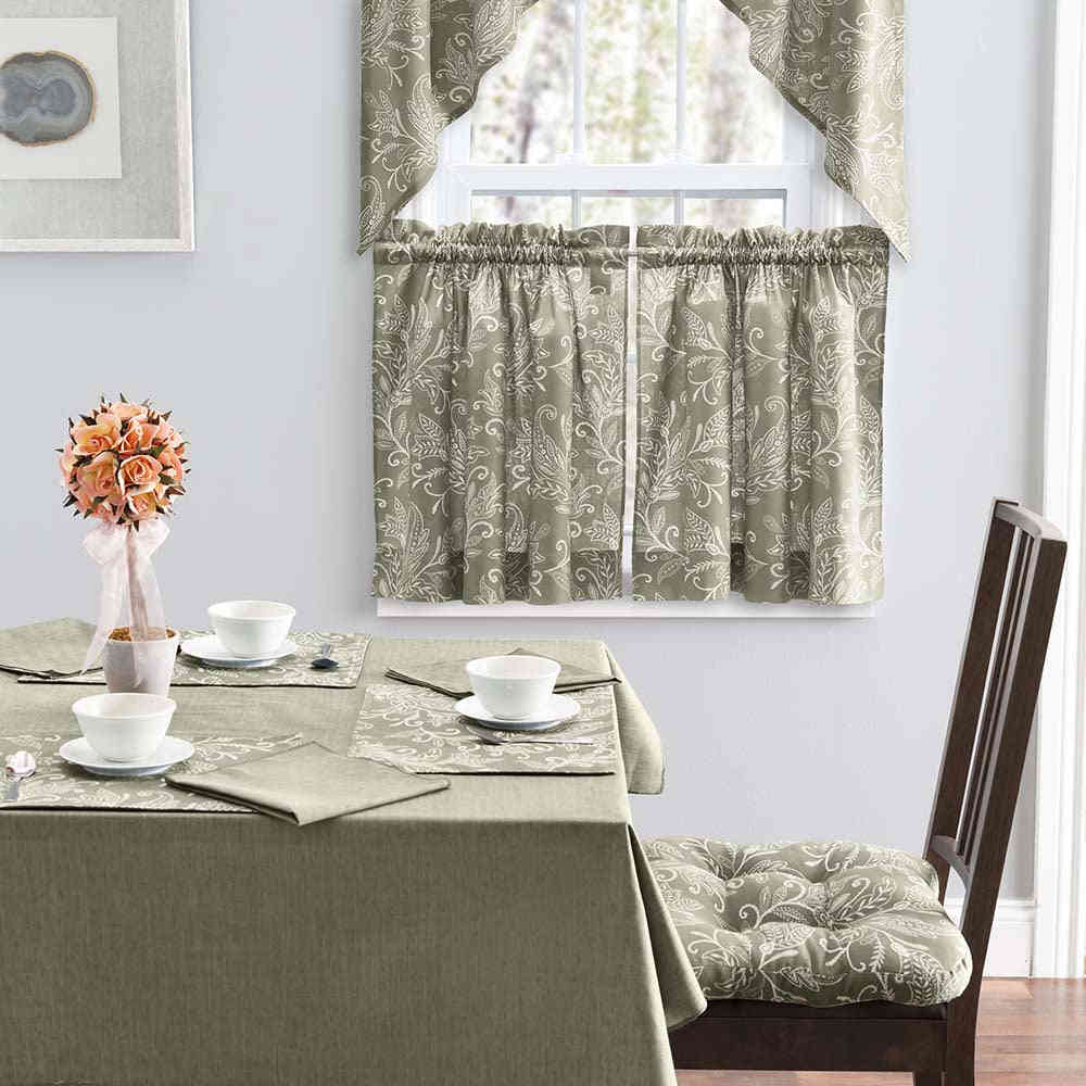 Ellis Curtain Lexington Leaf Pattern on Colored Ground Tailored Swags 56x36 Sage