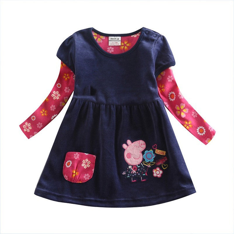 Girl Winter Floral Dress - Princess Cartoon Pig Embroidery Dress for Kids