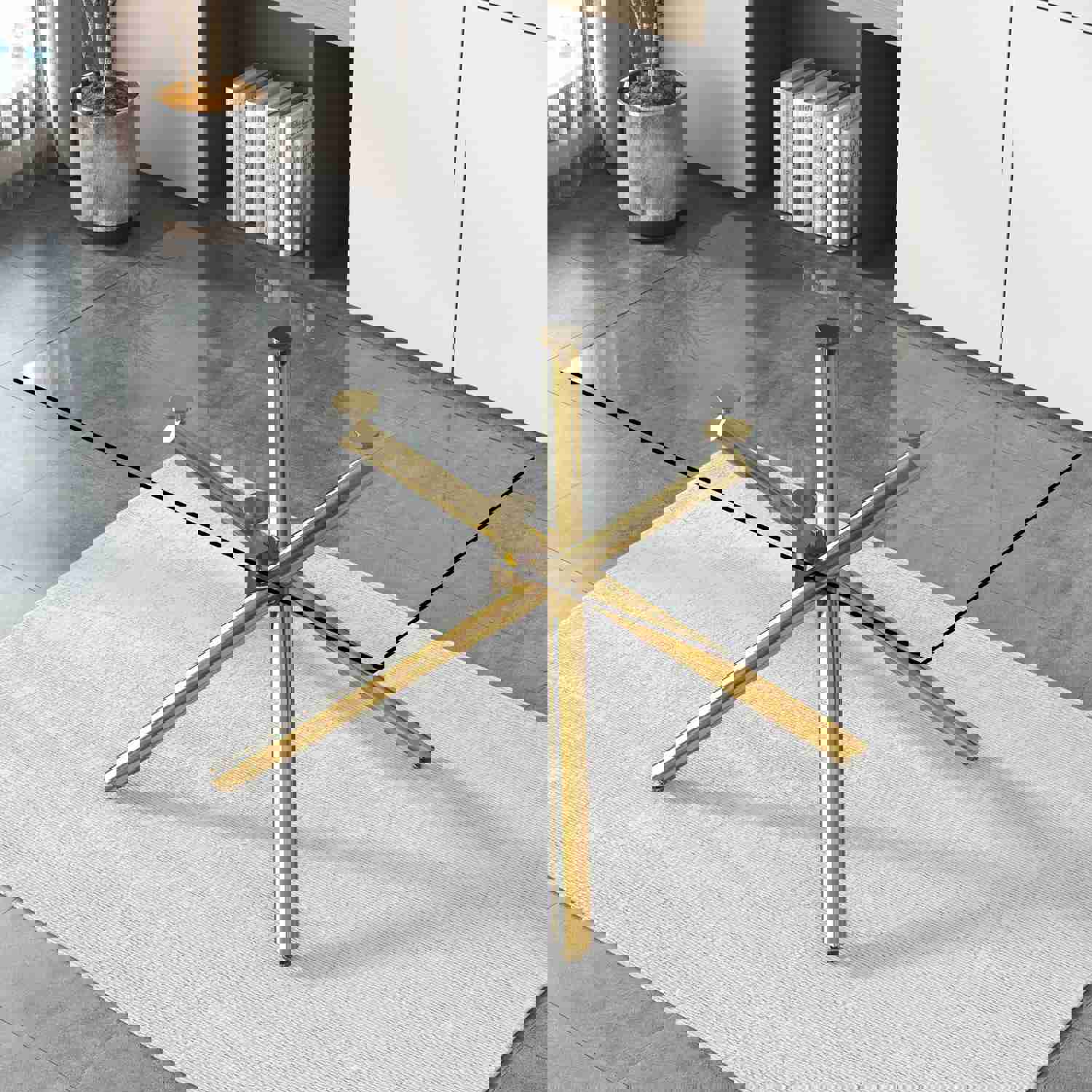 Large Modern Minimalist Rectangular Glass Dining Table for 6-8 with Tempered Glass Tabletop and Silver Chrome Metal Legs