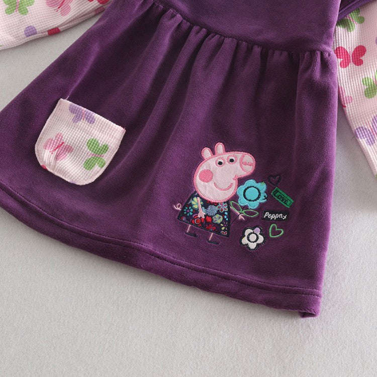 Girl Winter Floral Dress - Princess Cartoon Pig Embroidery Dress for Kids