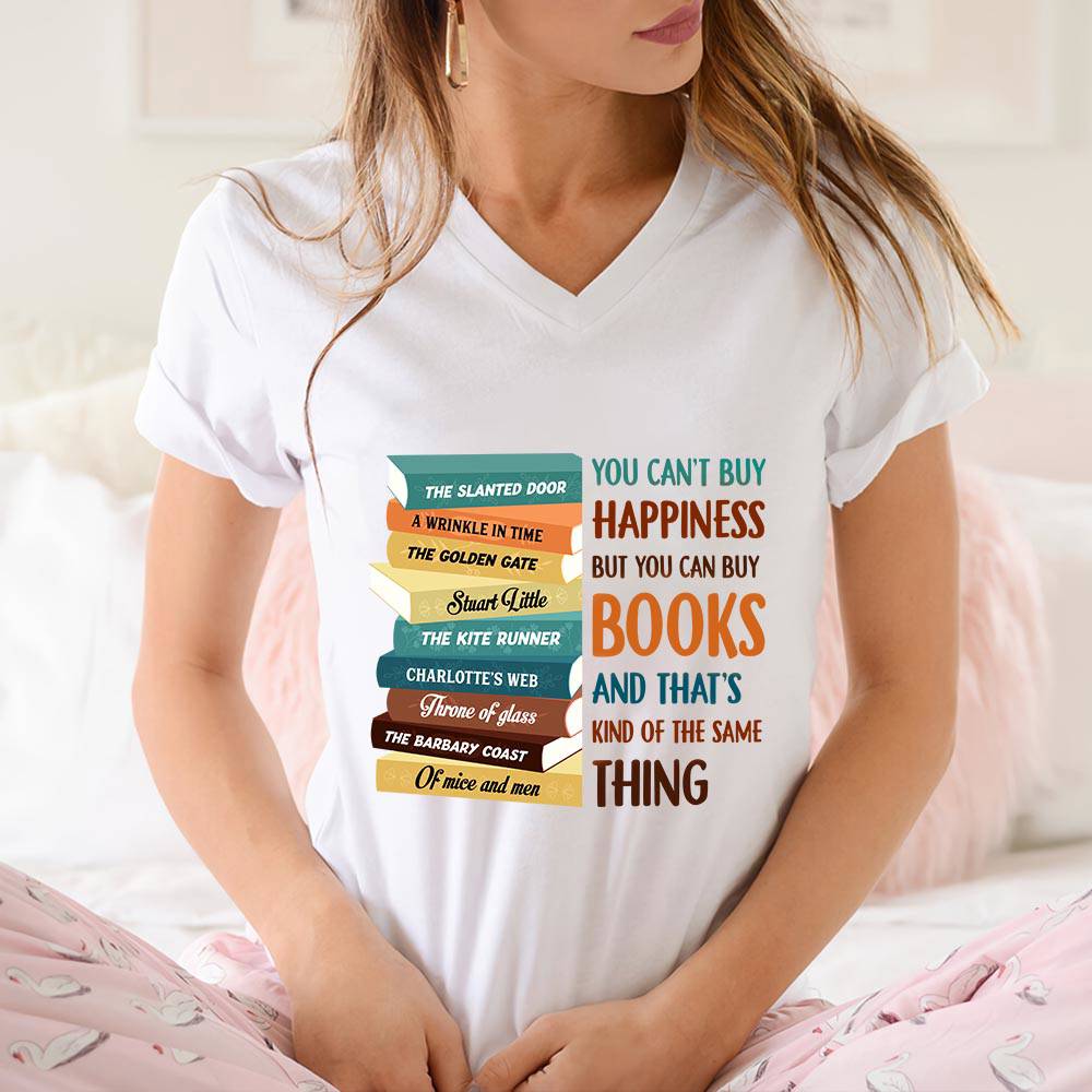 Custom Bookshelf T-Shirt for Book Lovers - 'You Can't Buy Happiness But You Can Buy Books' Design