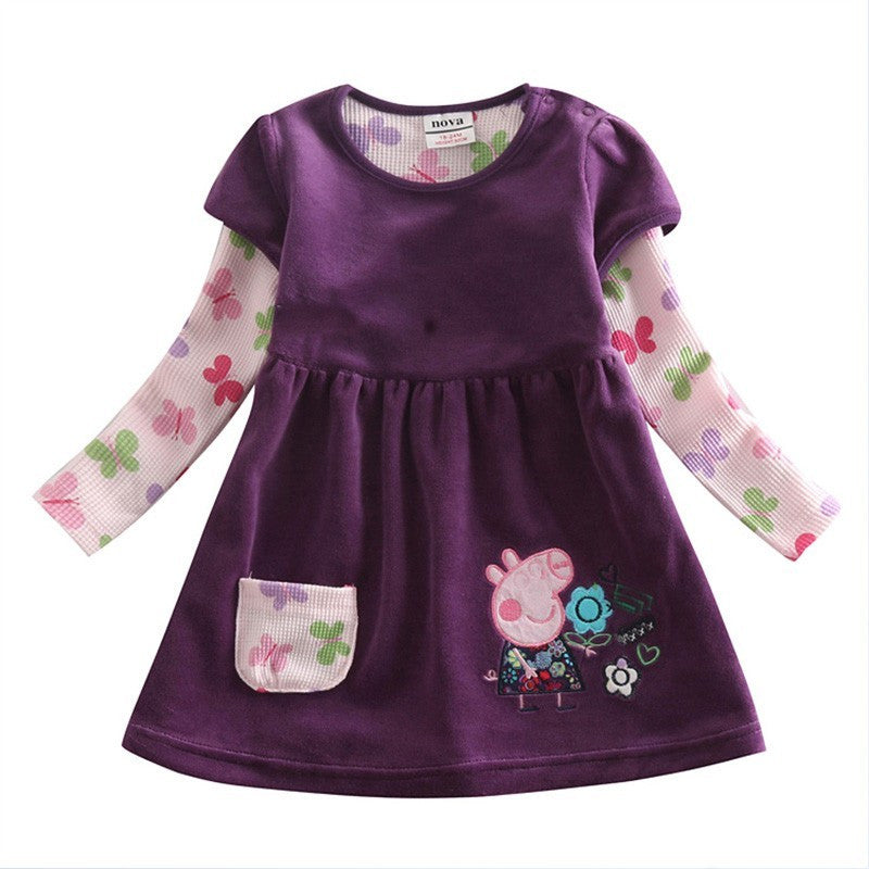 Girl Winter Floral Dress - Princess Cartoon Pig Embroidery Dress for Kids